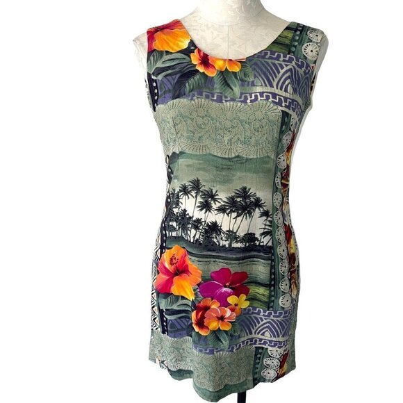 Jams World Dress Womens Size 7 Vintage Hawaiian Floral Rayon Green Made In USA - Picture 9 of 9